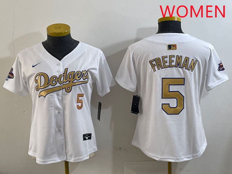 Women Los Angeles Dodgers 5 Freeman White Champion gold character 2025 Nike MLB Jersey style 5